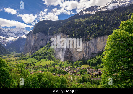 View of Lauterbrunnen with Staubbach Falls, Interlaken-Oberhasli, Bern, Switzerland Stock Photo