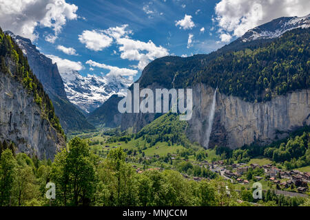 View of Lauterbrunnen with Staubbach Falls, Interlaken-Oberhasli, Bern, Switzerland Stock Photo