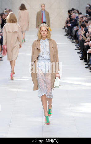 Model on the catwalk at the Burberry Prorsum fashion show during London Fashion Week SS 2014. Somerset House, London 16 September 2014  --- Image by © Paul Cunningham Stock Photo