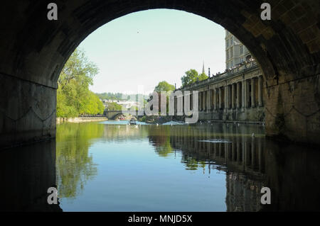 Underneath the Pulteney Bridge on the River Avon, Bath, Somerset, England, UK Stock Photo