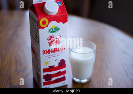 Stockholm, Sweden - 12 may 2018. A carton of milk and a glass of Arlas new milk 'Sommarmjölk', made to give the farmers more money for their productio Stock Photo