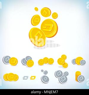 Dash. 2D cartoon coin. Digital currency. Cryptocurrency. Golden coins with symbol isolated on white background. Stock vector illustration. Stock Vector