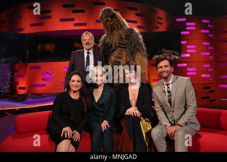 (back row) Star Wars Chewbacca and host Graham Norton with (seated left to right) Gloria Estefan, Emilia Clarke, Phoebe Waller-Bridge, and David Tennant during filming for the Graham Norton Show at BBC Studioworks in London, to be aired on BBC One on Friday. PRESS ASSOCIATION. Picture date: Thursday May 17, 2018. Photo credit should read: PA Images on behalf of So TV Stock Photo