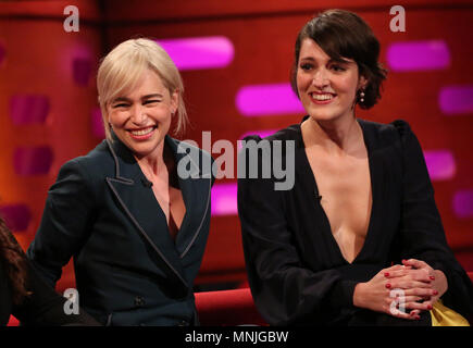 (left to right) Gloria Estefan and Emilia Clarke during filming for the Graham Norton Show at BBC Studioworks in London, to be aired on BBC One on Friday. PRESS ASSOCIATION. Picture date: Thursday May 17, 2018. Photo credit should read: PA Images on behalf of So TV Stock Photo