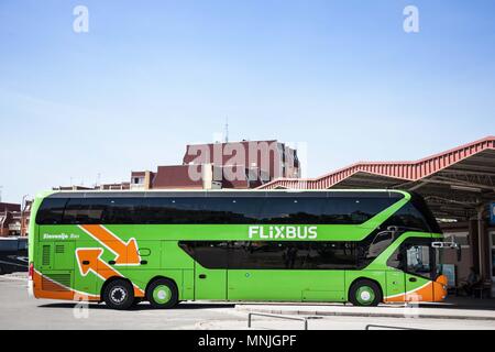 VUKOVAR, CROATIA - APRIL 20, 2018: Flixbus bus ready for departure in Vukovar Bus station. Flixbus is a German brand which offers low cost intercity b Stock Photo