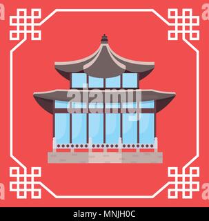 decorative frame with south korea traditional iconic building icon over red background, colorful design. vector illustration Stock Vector