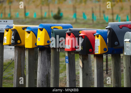 Rural letterboxes, Hawea, near Wanaka, Otago, South Island, New Zealand Stock Photo