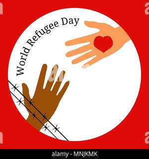 World Refugee Day. Concept of social event. 20 June. The hand behind the barbed wire stretches to the hand with the heart. Stock Vector