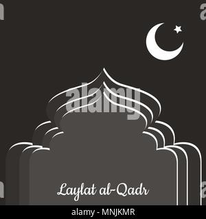 Laylat al-Qadr. Concept of the Islamic religion holiday. Symbolic silhouette of the mosque. Gray shades of color. Moon and star. Paper style Stock Vector