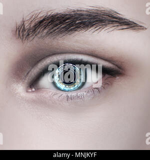 Close-up shot of woman eye in process of scanning. Stock Photo
