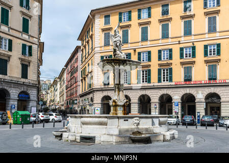 Genoa, Italy - May 14, 2017: Wonderful fountain of Piazza Colombo in Genoa, Liguria, Italy. Stock Photo