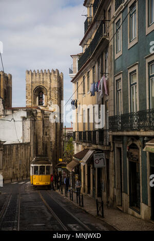 View from tram 28E as it crosses the city from west to east in Lisbon, Portugal. Stock Photo