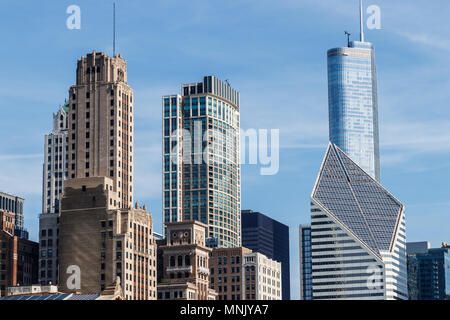 Chicago - Circa May 2018: Windy City downtown skyline from Grant Park on a sunny day. Chicago is home to the Cubs, Bears, Blackhawks and deep dish piz Stock Photo