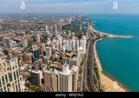 Chicago - Circa May 2018: Windy City downtown skyline from the Hancock Tower on a sunny day. Chicago is home to the Cubs, Bears, Blackhawks and deep d Stock Photo