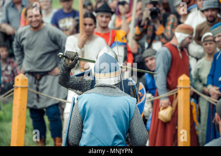 Knight and spearman in a reenactment of a Medieval Fair in Óbidos ...