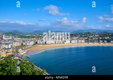 Panoramic view of Concha Bay and Concha Beach from Monte Urgull at sunny day San Sebastian (Donostia), Basque Country, Guipuzcoa. Spain. Stock Photo
