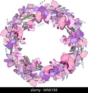Floral vector round frame with orchids purple and white flowers ...