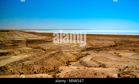 Panorama view to saline Barsa Kelmes lake and Ustyurt plateau at Karakalpakstan, Uzbekistan Stock Photo