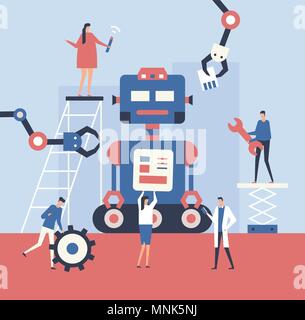 Making a robot - flat design style illustration. Metaphorical composition with cute characters, workers fixing a big mechanism. Teamwork, service and  Stock Vector