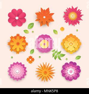 Paper cut flowers - set of modern vector colorful objects Stock Vector