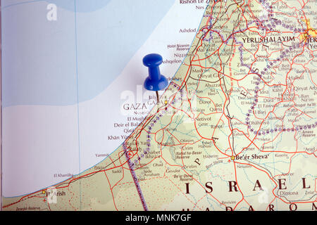 the hague, Netherlands-august 10, 2016: Map of Gaza with pushpin illustrative editorial Stock Photo