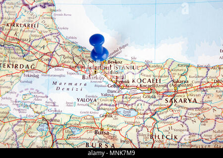 the hague, Netherlands-august 10, 2016: Map of istanbul with pushpin illustrative editorial Stock Photo