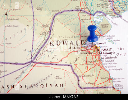 the hague, Netherlands-august 10, 2016: Map of Kuwait with pushpin illustrative editorial Stock Photo