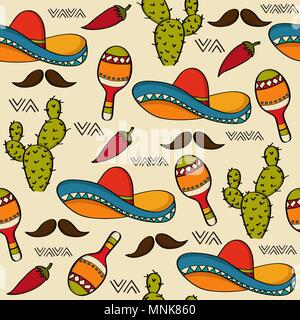 Doodle seamless pattern with mexico symbols, vector format Stock Vector