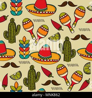 Doodle seamless pattern with mexico symbols, vector format Stock Vector