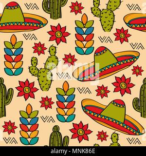 Doodle seamless pattern with mexico symbols, vector format Stock Vector