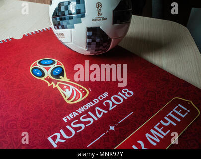 8 April 2018 Moscow, Russia Official ball of the 2018 FIFA World Cup Adidas Telstar 18 and a calendar with the symbols of the World Cup 2018 Stock Photo