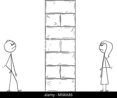 Cartoon of Man and Woman Divided by High Wall Obstacle Stock Vector