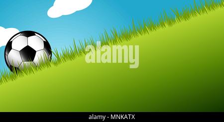 football soccer ball in green grass against a bright blue sky Stock Vector