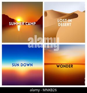 Abstract vector sunset blurred background set. Square blurred background - sky clouds colors With love quotes. Stock Vector