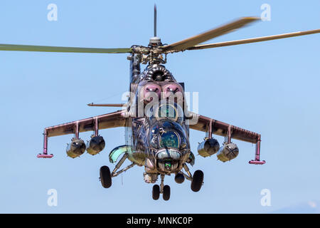 ZARAGOZA, SPAIN - MAY 20,2016: Special painted Czech Republic Air Force Mil Mi-24 Hind attack helicopter coming in for Landing at Zaragoza airbase. Stock Photo