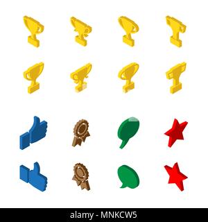Icons of sport and victory in isometrics. Cup, star, message, like, medal 3d. set Stock Vector