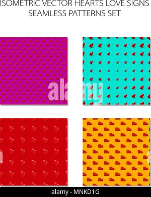 Isometric hearts seamless pattern set vector pink blue red orange background Stock Vector