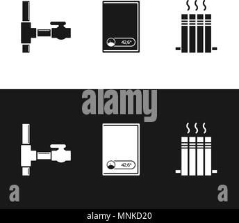 Plumbing glyph icons set. pipe, radiator, boiler in black and white. Silhouette symbols. Vector isolated illustration Stock Vector