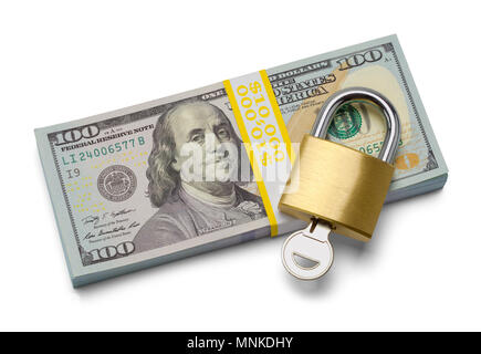 Stack of Hundred Dollar Bills with Padlock and Key Isolated on a White Background. Stock Photo