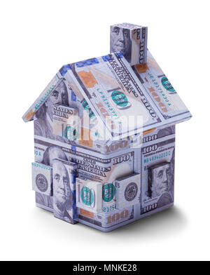 Hundred Dollar Bill Money House Isolated on a White Background. Stock Photo