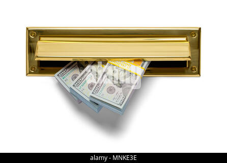 Gold Mail Slot with Lots of Money Isolated on White Background. Stock Photo
