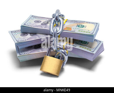 Pile of Money Locked Up in Chain with Padlock Isolated on White Background. Stock Photo