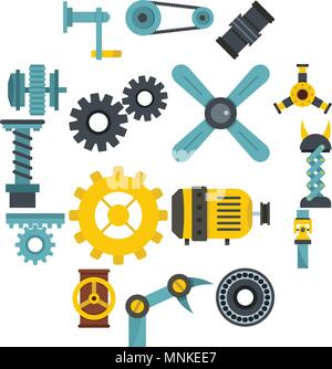 Techno mechanisms kit icons set in flat style Stock Vector