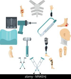 Orthopedics prosthetics icons set in flat style Stock Vector