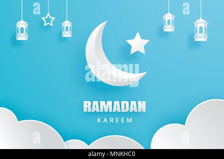 Ramadan Kareem greeting card moon and stars traditional lanterns background. Eid Mubarak paper art banner illustration design. Use for Islamic flyer,  Stock Vector