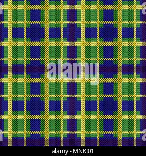 Knitting seamless vector pattern with perpendicular lines in bright yellow and blue on the green background, as woollen Celtic tartan plaid or knitted Stock Vector
