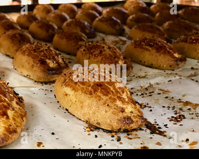 Turkish Pastries Pogaca on Tray. Traditional Bakery. Stock Photo