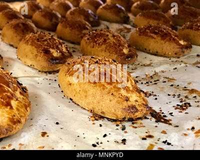 Turkish Pastries Pogaca on Tray. Traditional Bakery. Stock Photo