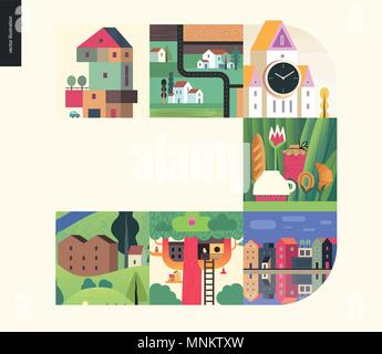 Simple things - houses - flat cartoon vector illustration of colorful countryside house, treehouse, tower clock, church, tee meal, country, farm land, Stock Vector