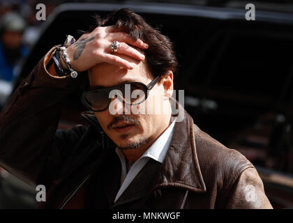 Actor Johnny Depp enters the 'Late Show With David Letterman' taping at the Ed Sullivan Theater on April 3, 2014 in New York City. Stock Photo